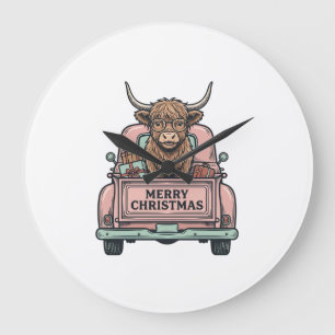Hochlandkuh-Weihnachts-LKW-Vintage-Stickerei-Shirt Große Wanduhr