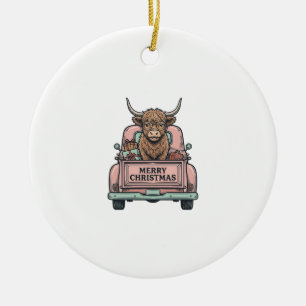 Hochlandkuh-Weihnachts-LKW-Vintage-Stickerei-Shirt Keramik Ornament