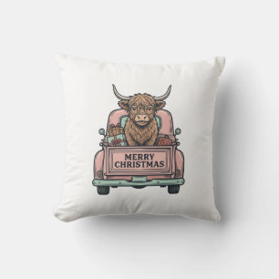 Hochlandkuh-Weihnachts-LKW-Vintage-Stickerei-Shirt Kissen