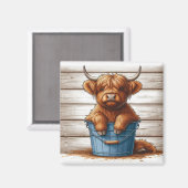 Hochlandkühe auf blauem Eimer gegen Holzwand Magnet (Vorderseite/Rückseite)