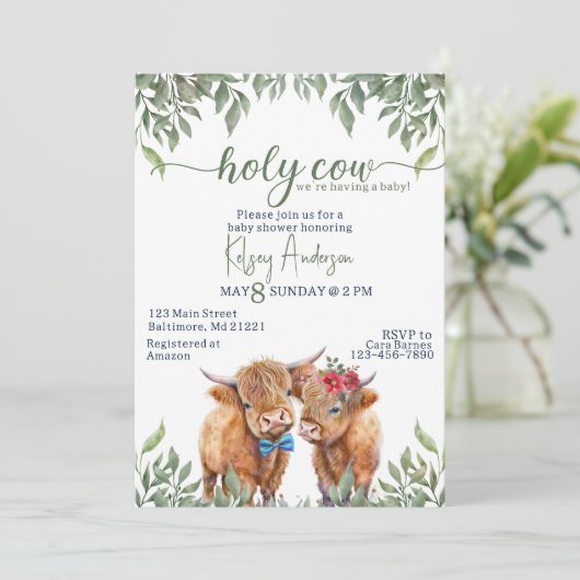 Hochlandkuhgrün Babydusche Einladung (Stehend Vorderseite)