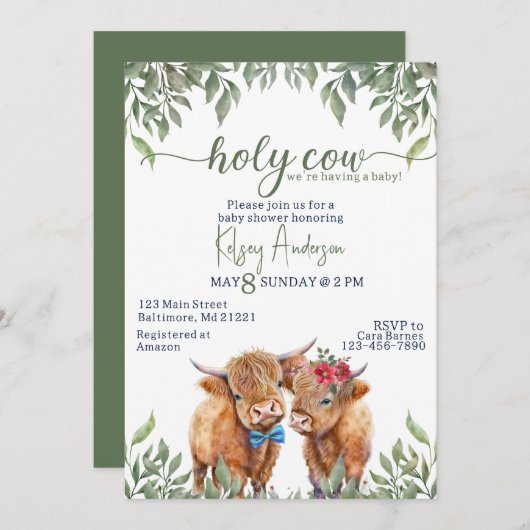 Hochlandkuhgrün Babydusche Einladung (Vorne/Hinten)