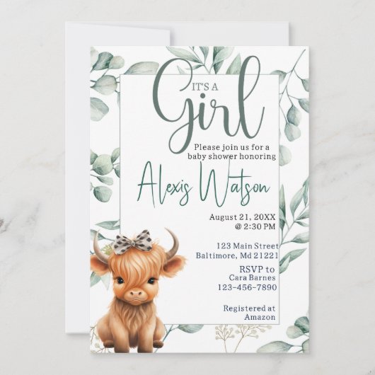 Hochlandkuhgrün Babydusche Einladung (Vorderseite)