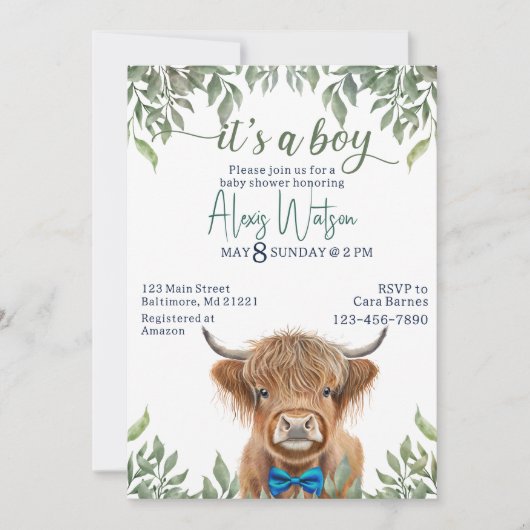 Hochlandkuhgrün Babydusche Einladung (Vorderseite)