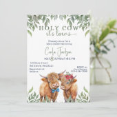 Hochlandkuhgrün-Zwillinge Babydusche Einladung (Stehend Vorderseite)