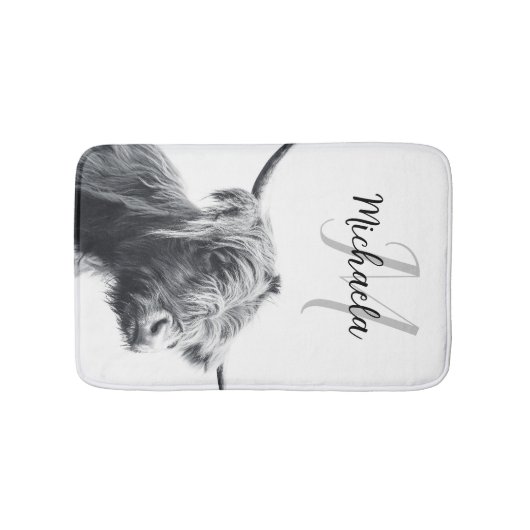 Hochlandkuhportrait Initialmonogramm Schwarz-weiß Badematte (Vorderseite)