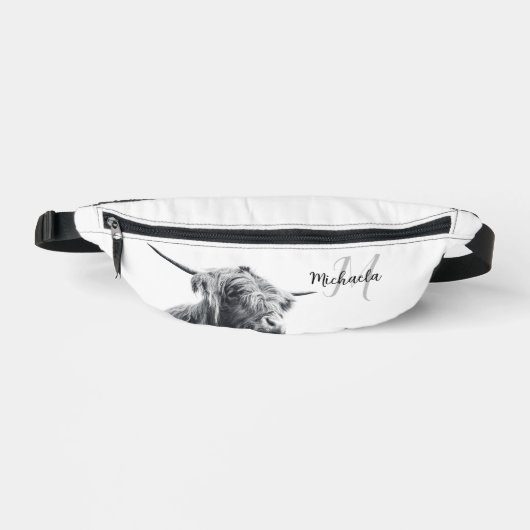 Hochlandkuhportrait Initialmonogramm Schwarz-weiß Bauchtasche (Vorderseite)
