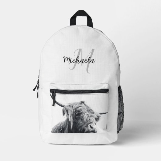 Hochlandkuhportrait Initialmonogramm Schwarz-weiß Bedruckter Rucksack (Vorderseite)