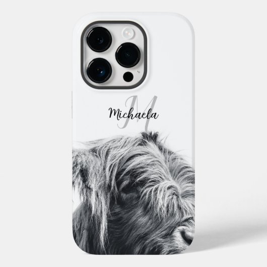 Hochlandkuhportrait Initialmonogramm Schwarz-weiß Case-Mate iPhone Hülle (Rückseite)