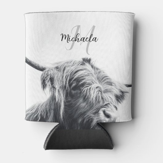 Hochlandkuhportrait Initialmonogramm Schwarz-weiß Dosenkühler (Vorderseite)
