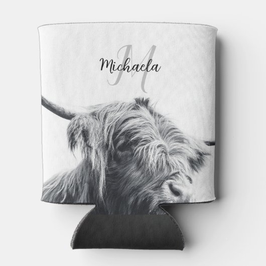 Hochlandkuhportrait Initialmonogramm Schwarz-weiß Dosenkühler (Rückseite)