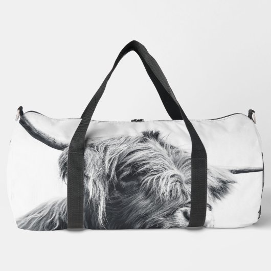 Hochlandkuhportrait Initialmonogramm Schwarz-weiß Duffle Bag (Vorderseite)