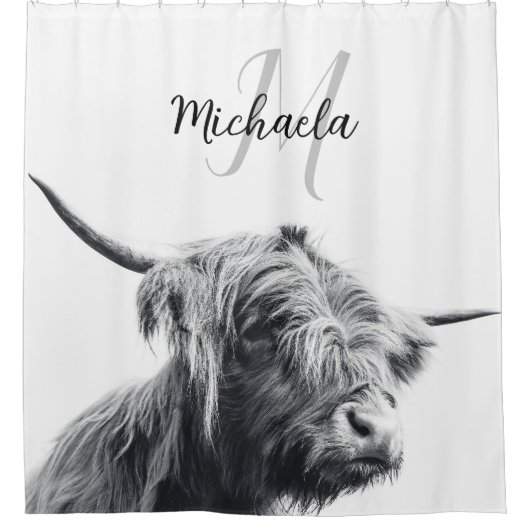 Hochlandkuhportrait Initialmonogramm Schwarz-weiß Duschvorhang (Vorderseite)