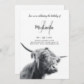 Hochlandkuhportrait Initialmonogramm Schwarz-weiß Einladung (Vorne/Hinten)