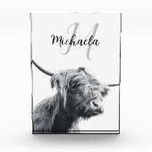 Hochlandkuhportrait Initialmonogramm Schwarz-weiß Fotoblock (Vorderseite)