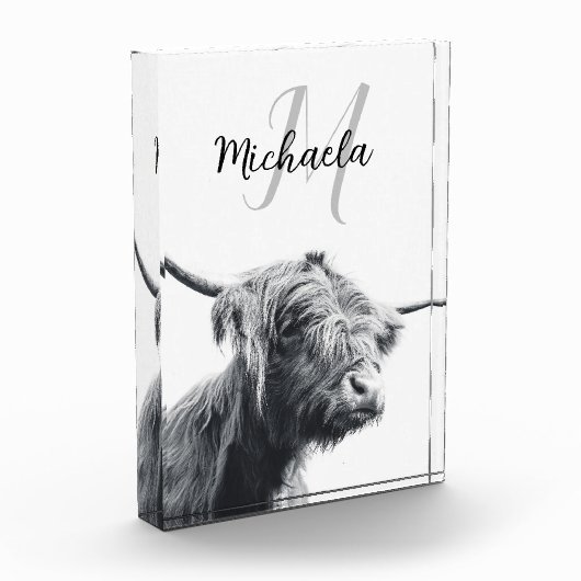 Hochlandkuhportrait Initialmonogramm Schwarz-weiß Fotoblock (Links)