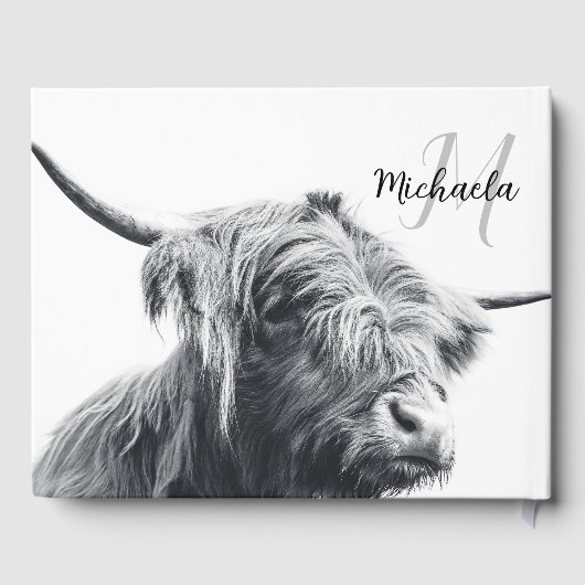 Hochlandkuhportrait Initialmonogramm Schwarz-weiß Gästebuch (Rückseite)