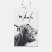 Hochlandkuhportrait Initialmonogramm Schwarz-weiß Geschenkanhänger (Rückseite)
