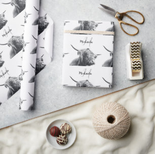 Hochlandkuhportrait Initialmonogramm Schwarz-weiß Geschenkpapier