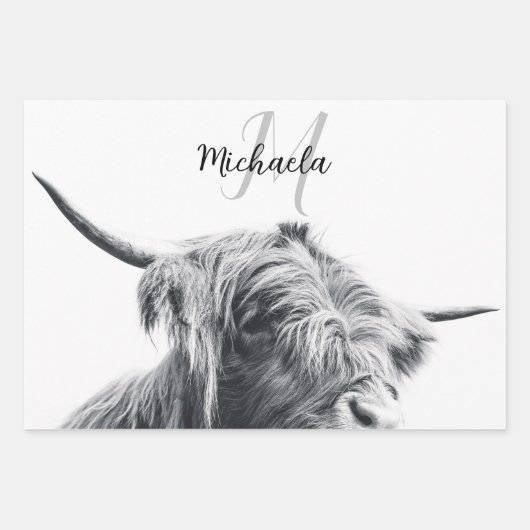Hochlandkuhportrait Initialmonogramm Schwarz-weiß Geschenkpapier Set (Vorderseite)