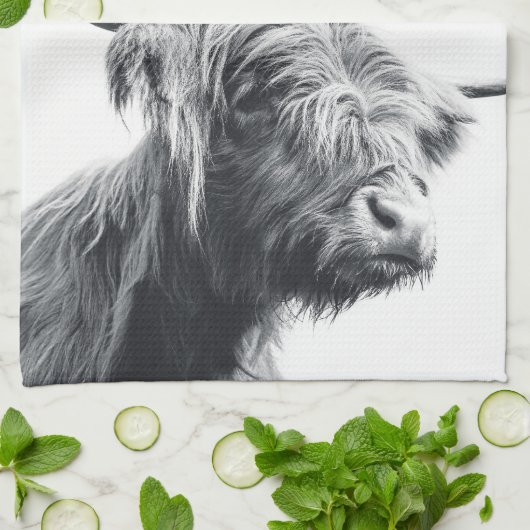 Hochlandkuhportrait Initialmonogramm Schwarz-weiß Geschirrtuch (Gefaltet)