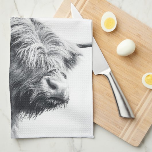 Hochlandkuhportrait Initialmonogramm Schwarz-weiß Geschirrtuch (Viertel Falte)