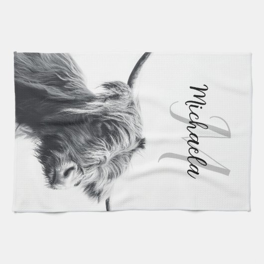 Hochlandkuhportrait Initialmonogramm Schwarz-weiß Geschirrtuch (Horizontal)