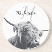 Hochlandkuhportrait Initialmonogramm Schwarz-weiß Getränkeuntersetzer (Vorne)