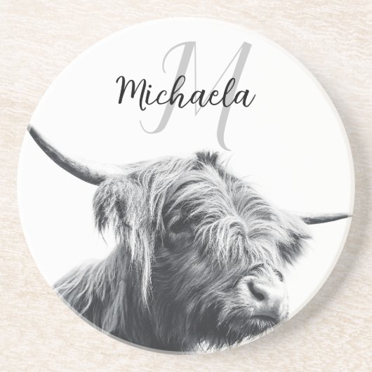 Hochlandkuhportrait Initialmonogramm Schwarz-weiß Getränkeuntersetzer (Vorne)