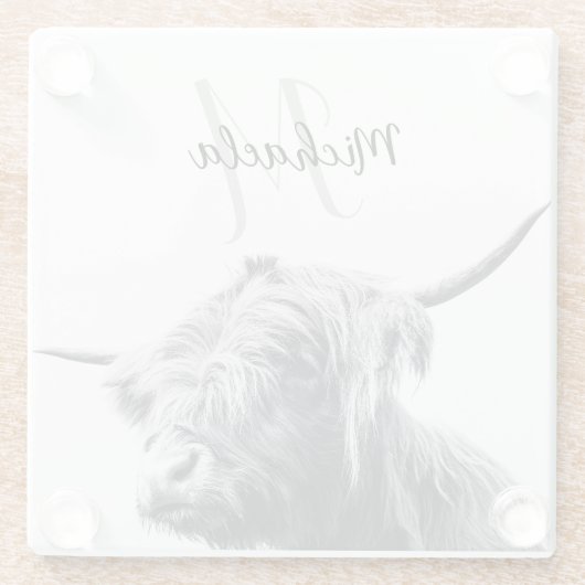 Hochlandkuhportrait Initialmonogramm Schwarz-weiß Glasuntersetzer (Rückseite)