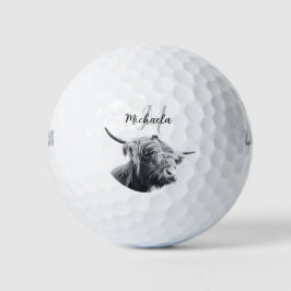 Hochlandkuhportrait Initialmonogramm Schwarz-weiß Golfball