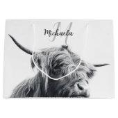 Hochlandkuhportrait Initialmonogramm Schwarz-weiß Große Geschenktüte (Vorderseite)