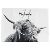 Hochlandkuhportrait Initialmonogramm Schwarz-weiß Große Geschenktüte (Rückseite)