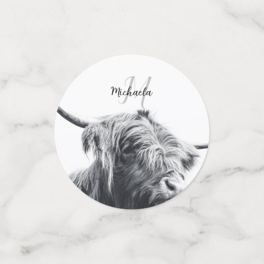 Hochlandkuhportrait Initialmonogramm Schwarz-weiß Konfetti (Klein Vorderseite)