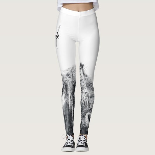Hochlandkuhportrait Initialmonogramm Schwarz-weiß Leggings (Vorderseite)