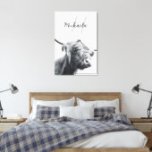 Hochlandkuhportrait Initialmonogramm Schwarz-weiß Leinwanddruck (Insitu (Schlafzimmer))