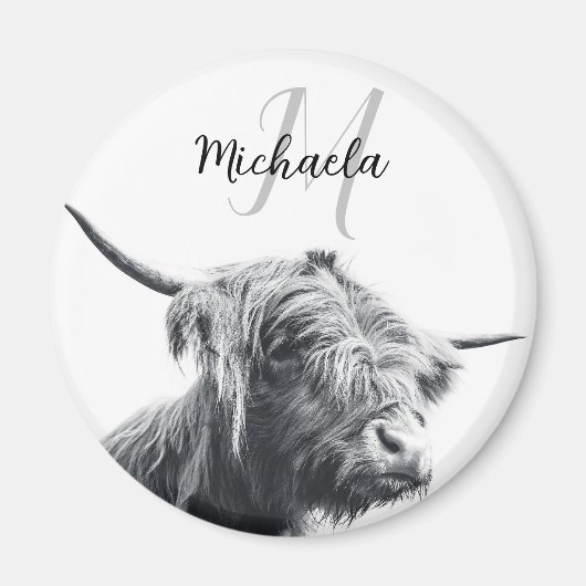Hochlandkuhportrait Initialmonogramm Schwarz-weiß Magnet (Vorne)