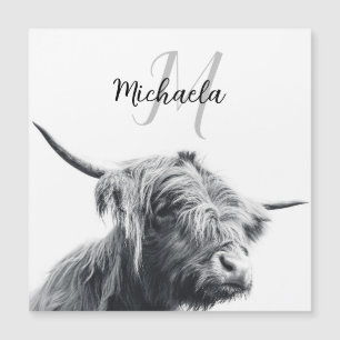 Hochlandkuhportrait Initialmonogramm Schwarz-weiß Magnetkarte