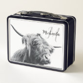 Hochlandkuhportrait Initialmonogramm Schwarz-weiß Metall Brotdose (Rückseite)