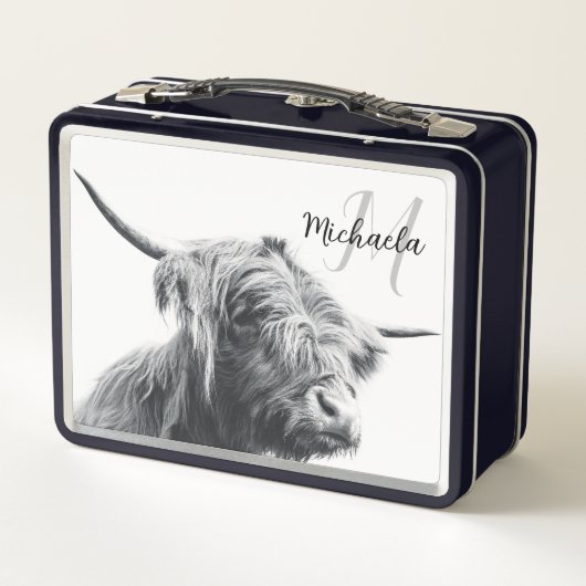Hochlandkuhportrait Initialmonogramm Schwarz-weiß Metall Brotdose (Rückseite)
