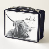 Hochlandkuhportrait Initialmonogramm Schwarz-weiß Metall Brotdose (Vorderseite)
