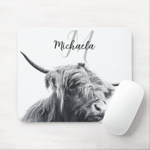Hochlandkuhportrait Initialmonogramm Schwarz-weiß Mousepad