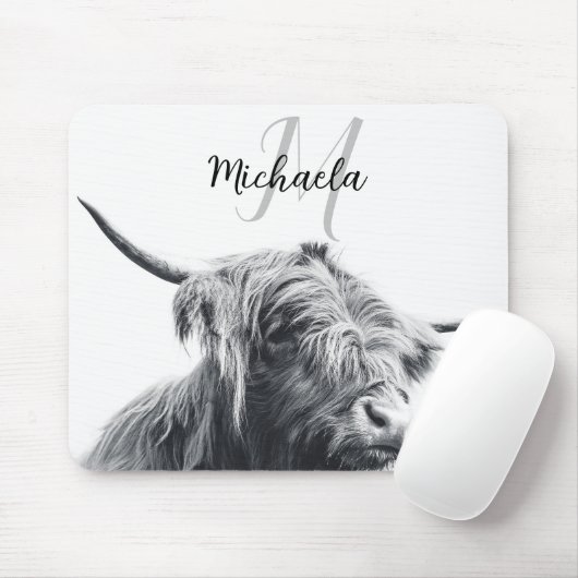 Hochlandkuhportrait Initialmonogramm Schwarz-weiß Mousepad (Mit Mouse)