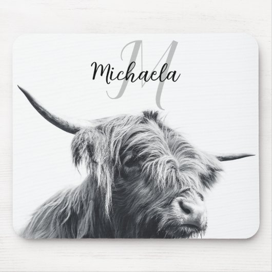 Hochlandkuhportrait Initialmonogramm Schwarz-weiß Mousepad (Vorne)