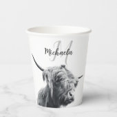 Hochlandkuhportrait Initialmonogramm Schwarz-weiß Pappbecher (Rückseite)