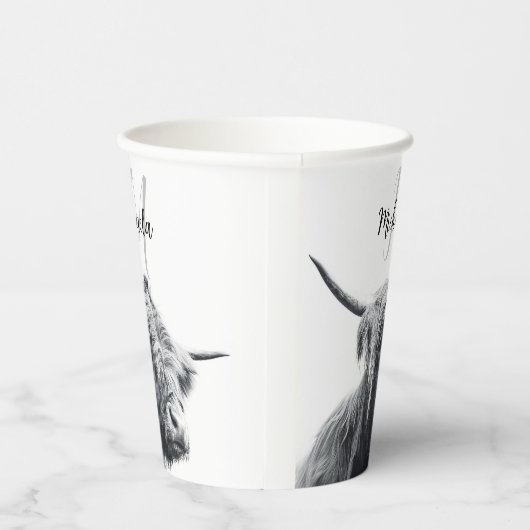 Hochlandkuhportrait Initialmonogramm Schwarz-weiß Pappbecher (Rechts)