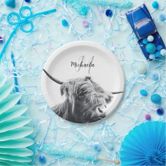 Hochlandkuhportrait Initialmonogramm Schwarz-weiß Pappteller (Party)