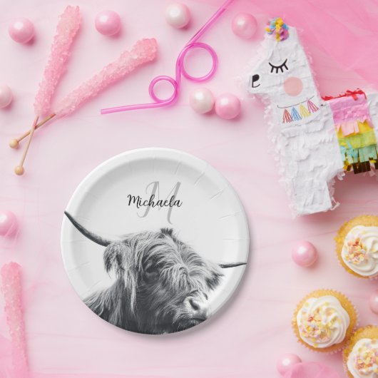 Hochlandkuhportrait Initialmonogramm Schwarz-weiß Pappteller (Party)