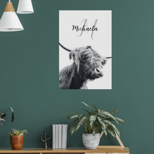 Hochlandkuhportrait Initialmonogramm Schwarz-weiß Poster (Wohnzimmer 1)