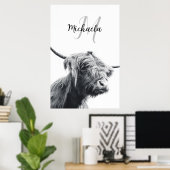 Hochlandkuhportrait Initialmonogramm Schwarz-weiß Poster (Heimbüro)